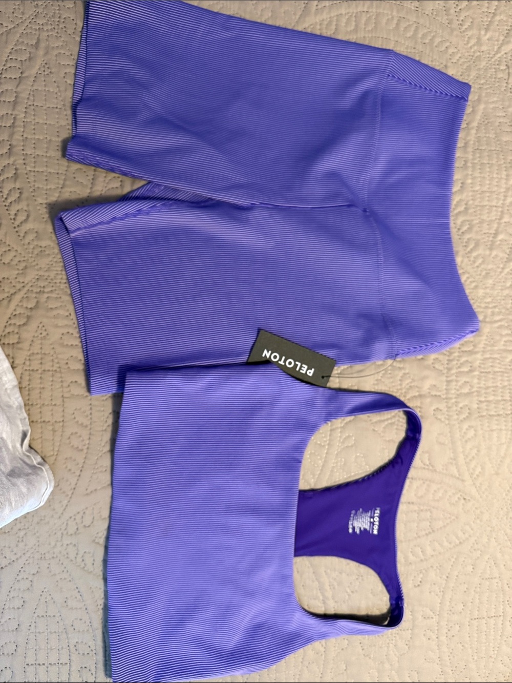 Peloton Purple Ribbed Bike Shorts and Sports Bra Set